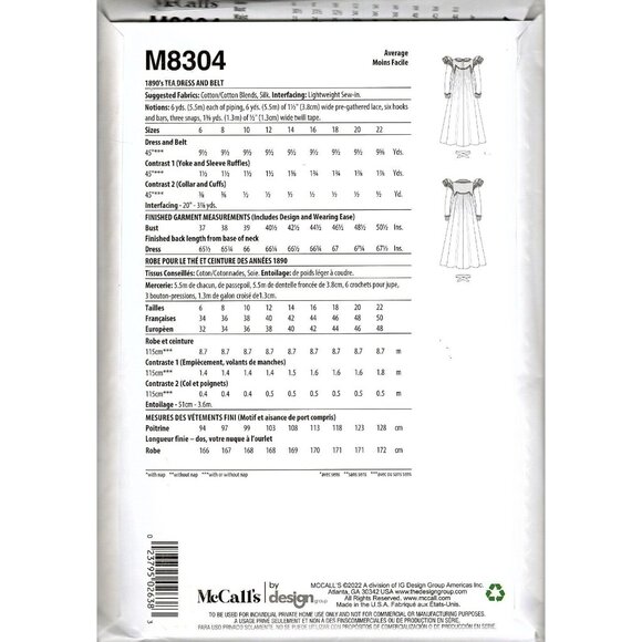 McCall's M8304 Misses 6 to 14 1890s Tea Dress and Belt Uncut Sewing Pattern - Picture 2 of 2